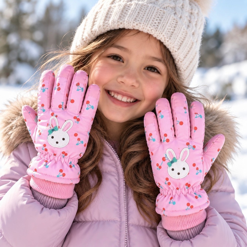 Girls Pink Kawaii Bunny Cherry Winter Gloves Kids Large Insulated Snow Ski Cozy